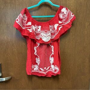 BUDDY LOVE embroidered off shoulder blouse Size L Red boho preppy summer beach